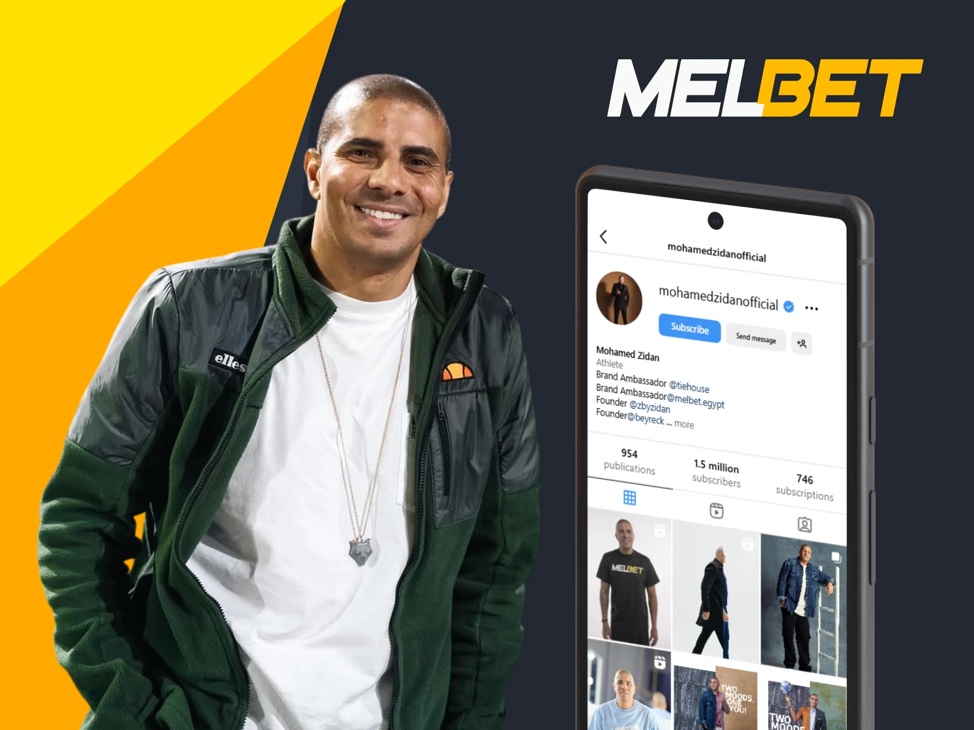 Access Mohamed Zidan's official social media profiles directly through the Melbet site.