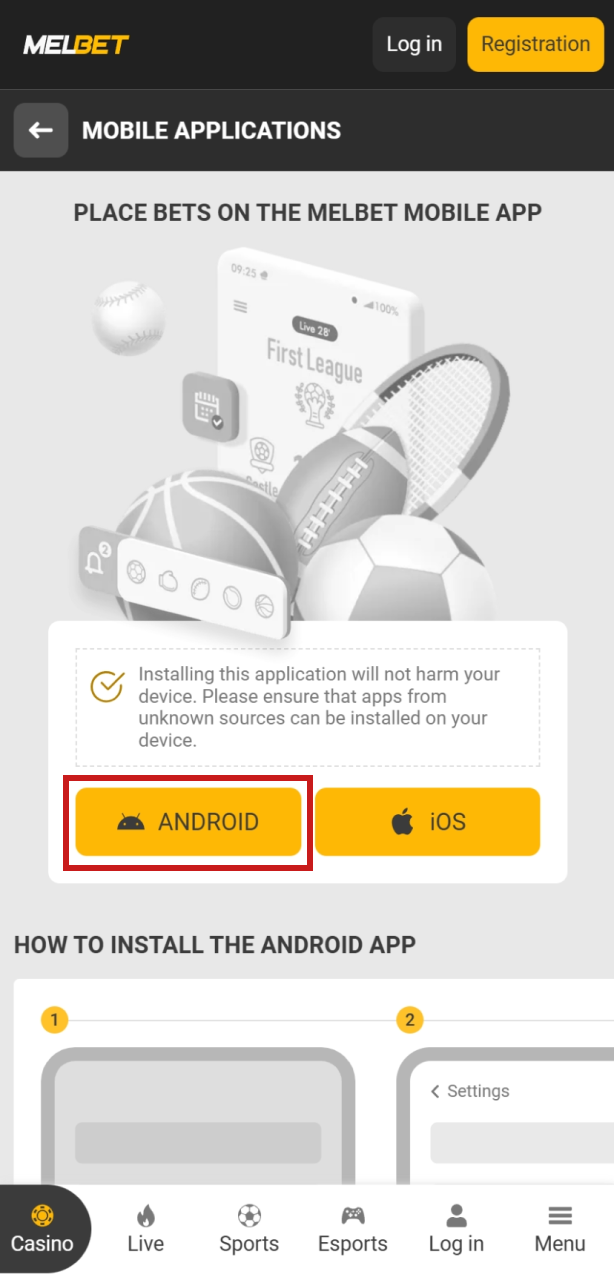 Hit the official Android download link to save the Melbet APK file directly to your storage.