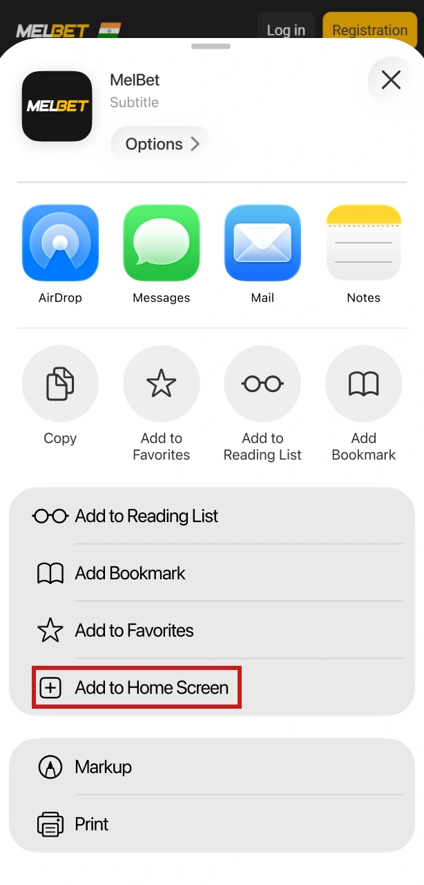 Hit the iOS Share button and choose 'Add to Home Screen' to save the Melbet web app.