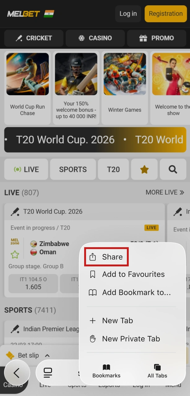 Launch the official Melbet India site using Safari on your iOS device.
