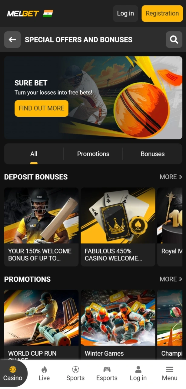 Head over to the bonuses and promotions tab to find the latest exclusive offers and cashback deals available in INR.