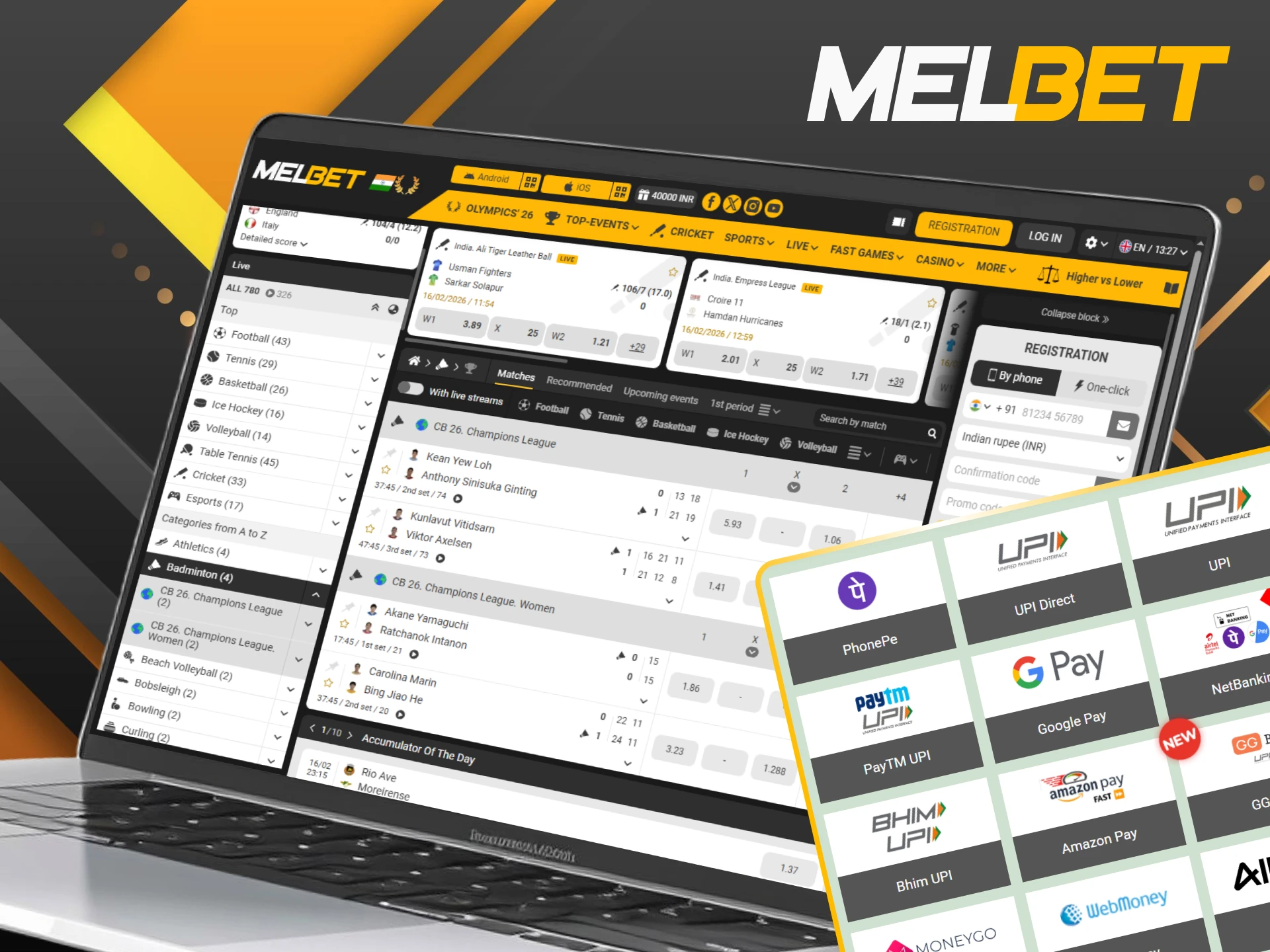 Choose the payment method that works best for you to fund your Melbet badminton account.