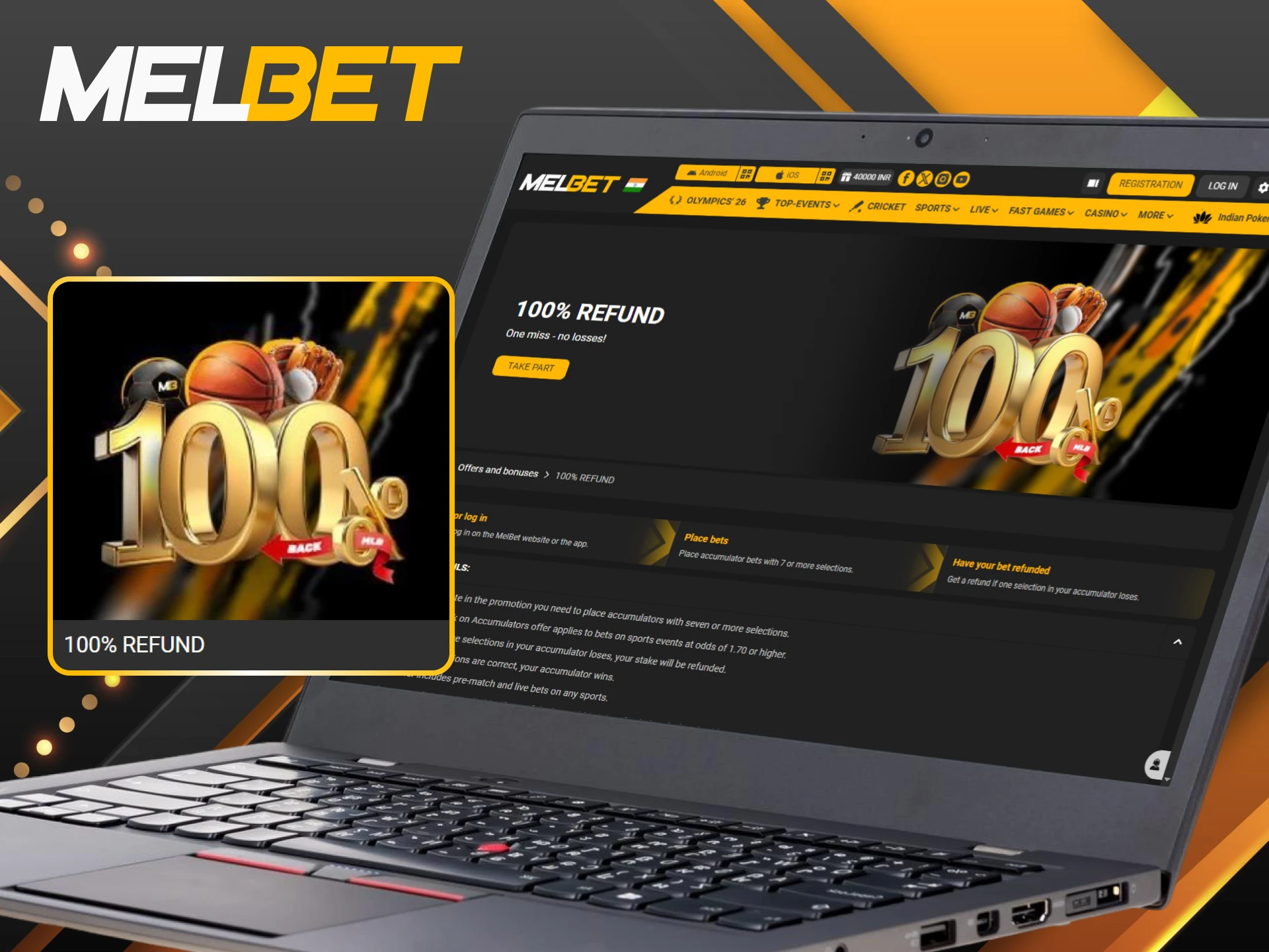 Claim a full 100% stake refund through Melbet's sports betting bonus program.