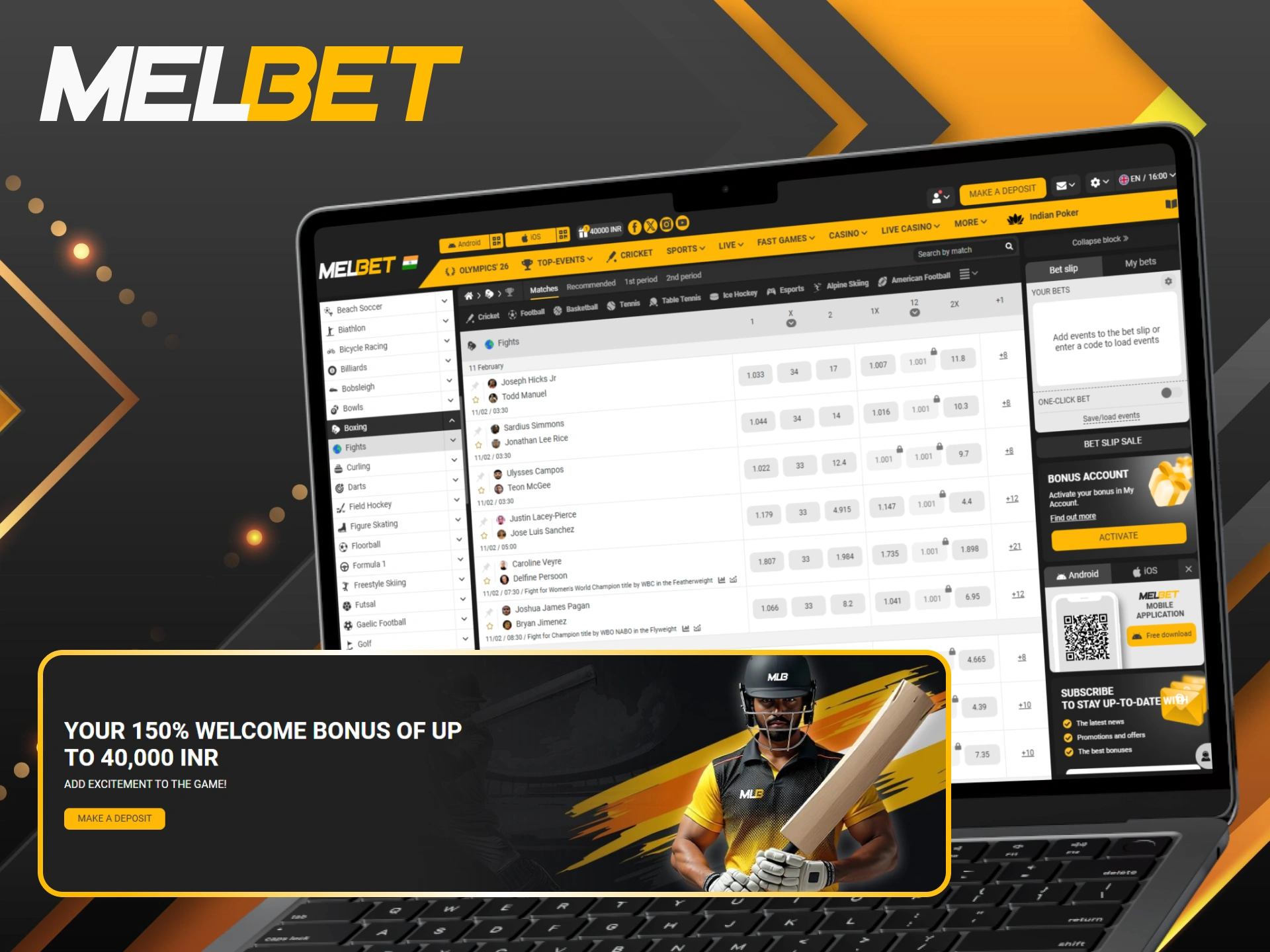 Kickstart your boxing journey at Melbet with a 150% sports welcome bonus.