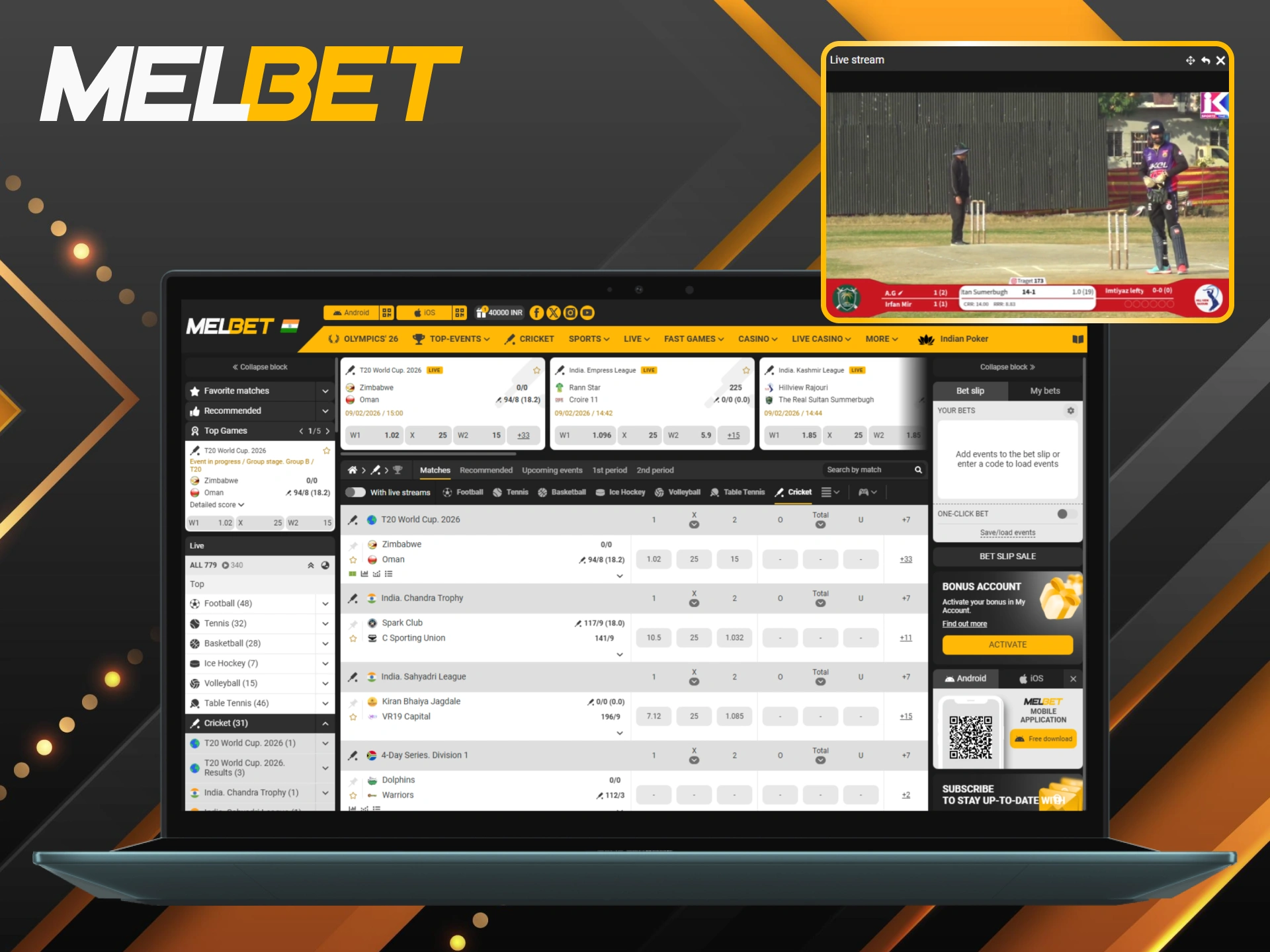 Experience the thrill of the game by placing live cricket wagers on Melbet.