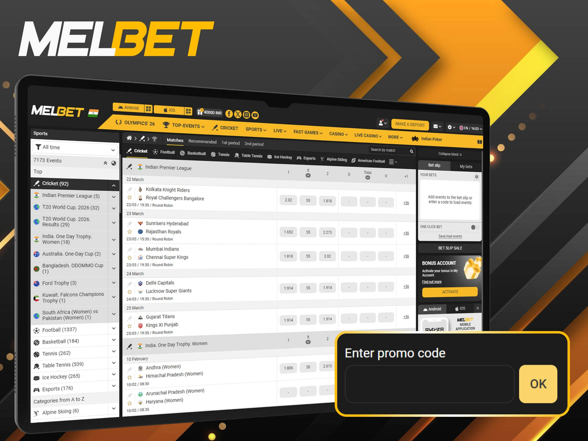 Use the promo code now to unlock special rewards and bonuses for cricket betting at Melbet.