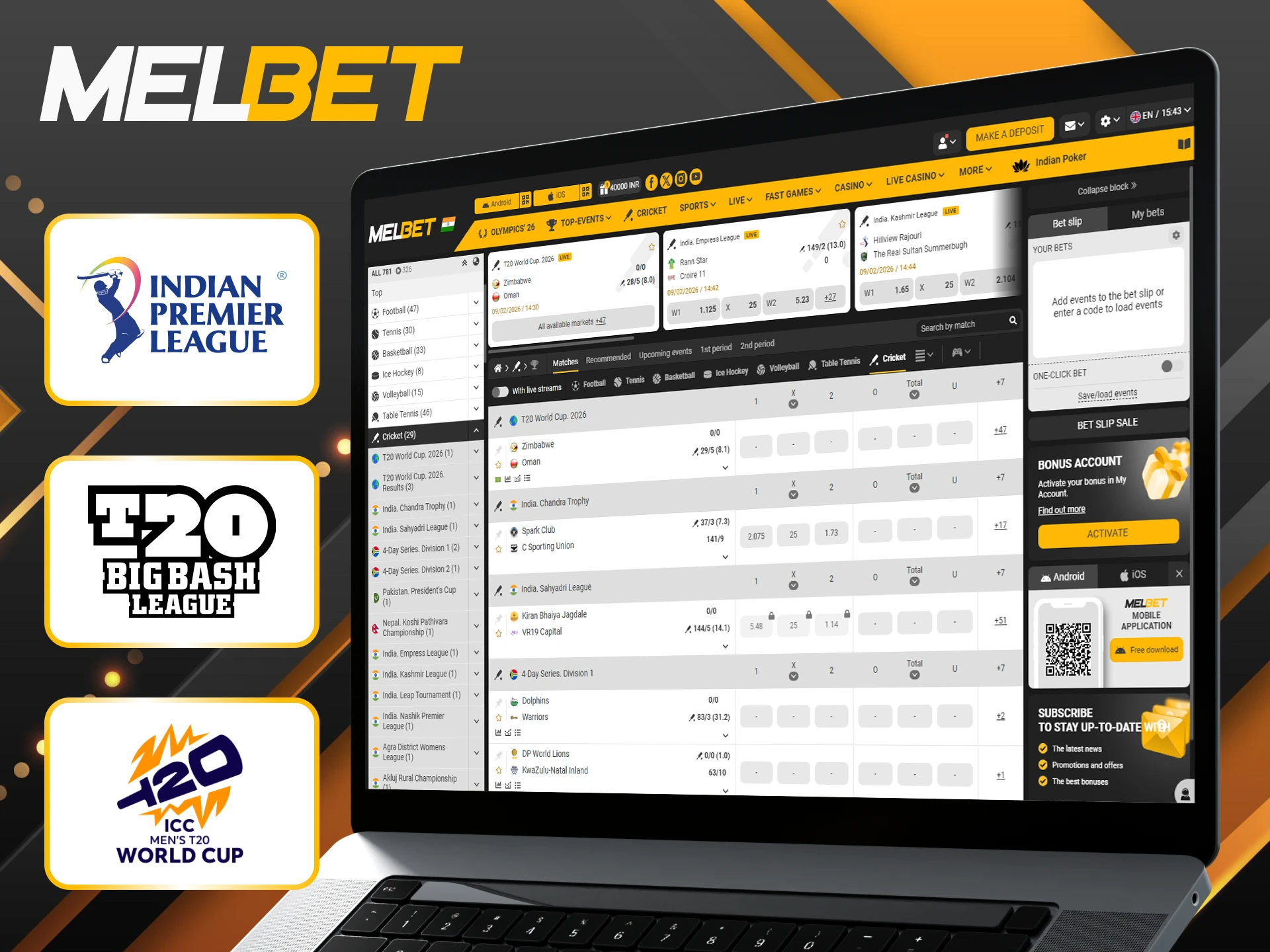 Put your cricket knowledge to the test in popular tournaments and win real cash prizes at Melbet.