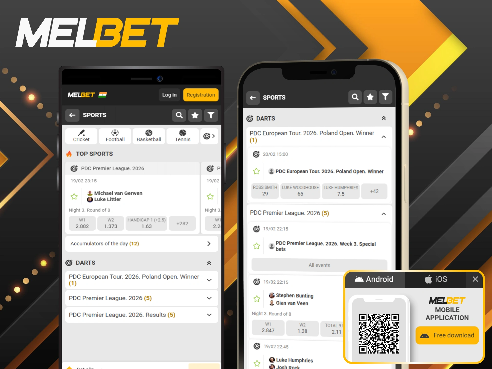 Download the Melbet app to start betting on darts and keep tabs on player stats.