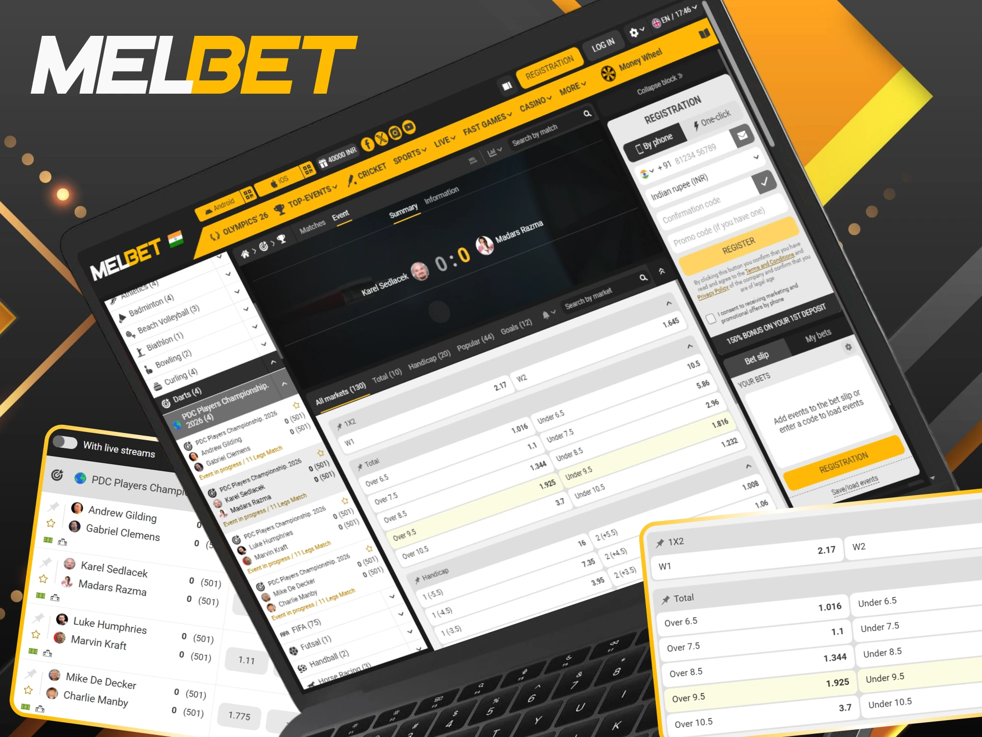 Place live bets on Melbet for set winners and the highest checkouts in the match.