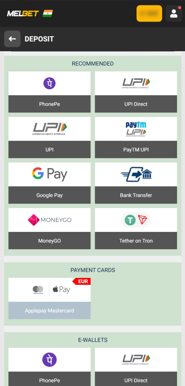 Select one of the popular local payment tools and specify how much you want to add to your Melbet balance.