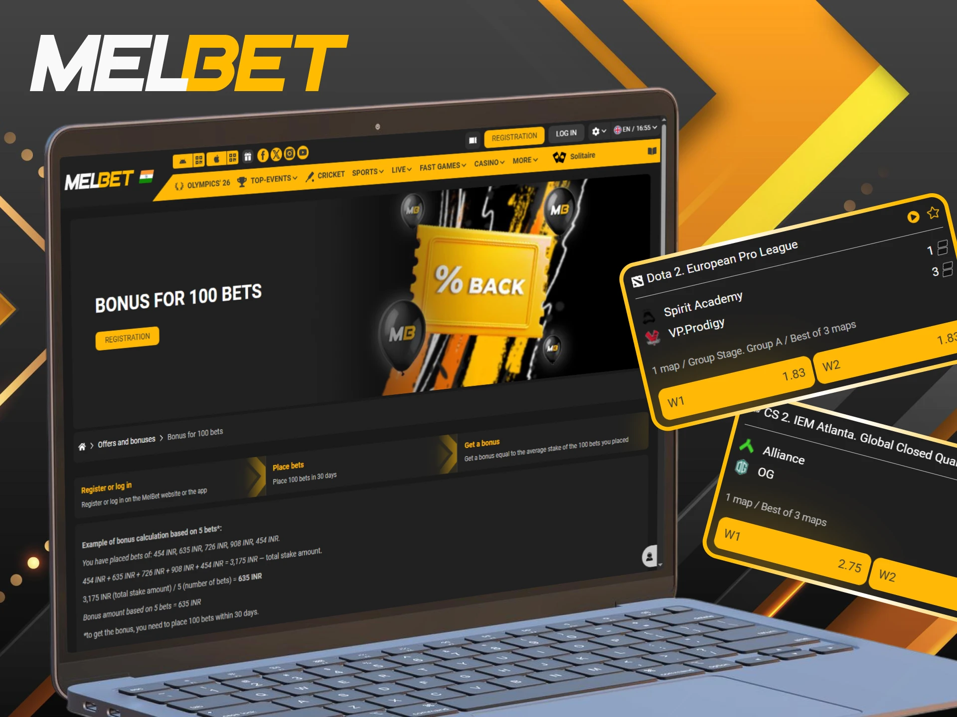 Get rewarded after placing 100 bets in the Melbet eSports section.