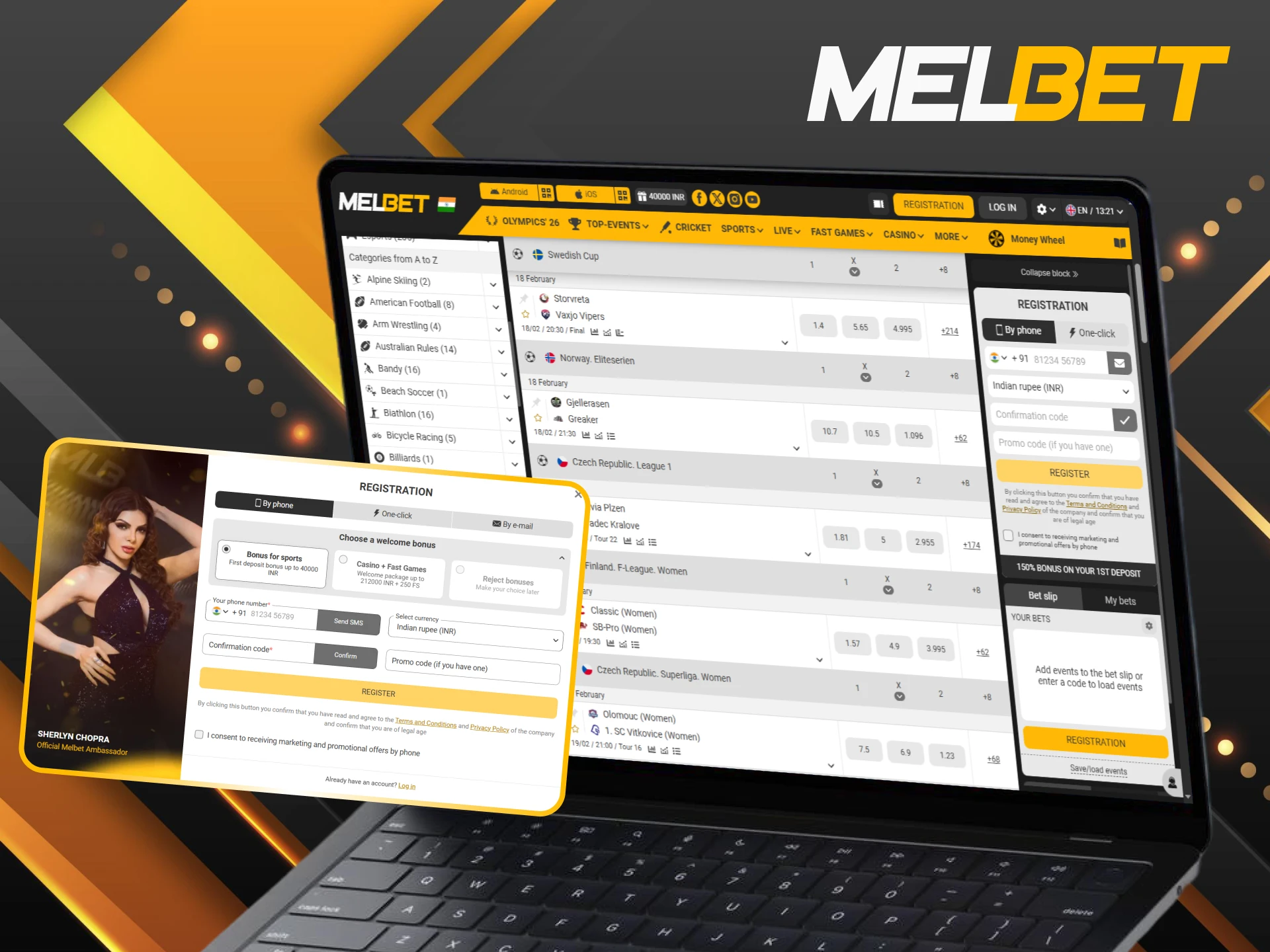 Create your account and complete the Melbet registration to start betting on floorball in India.