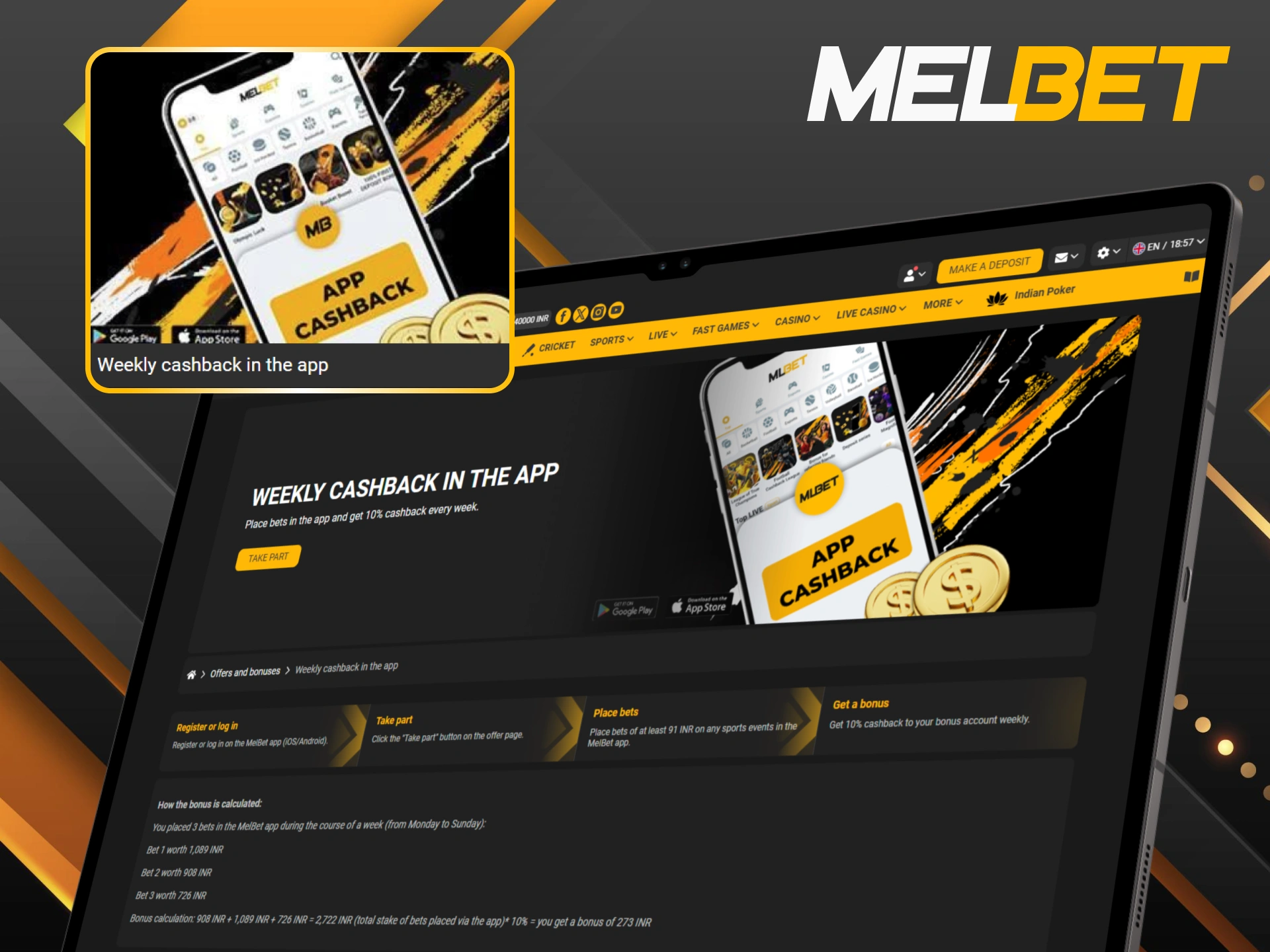 Get rewarded for your loyalty with weekly cashback exclusively in the Melbet app.