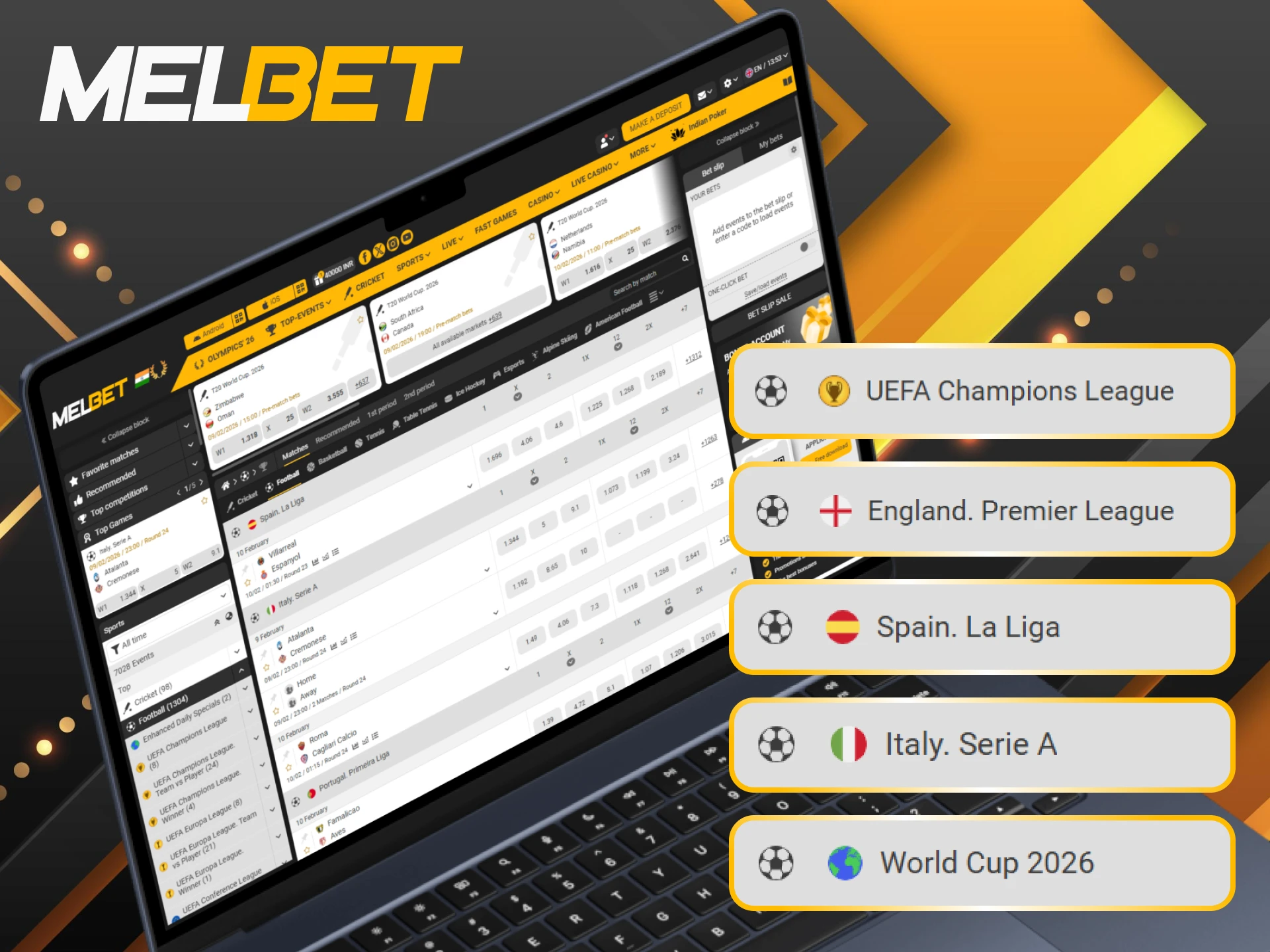 Place your bets on the top football tournaments and turn your predictions into real cash at Melbet.