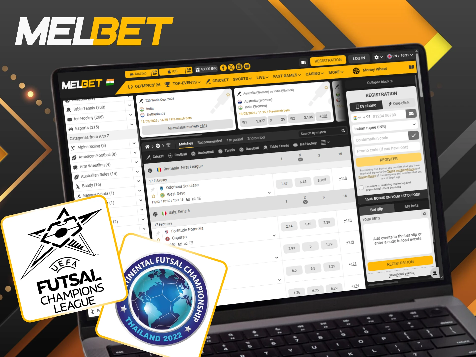 Stay on top of the action by following the world's most thrilling futsal tournaments at Melbet.
