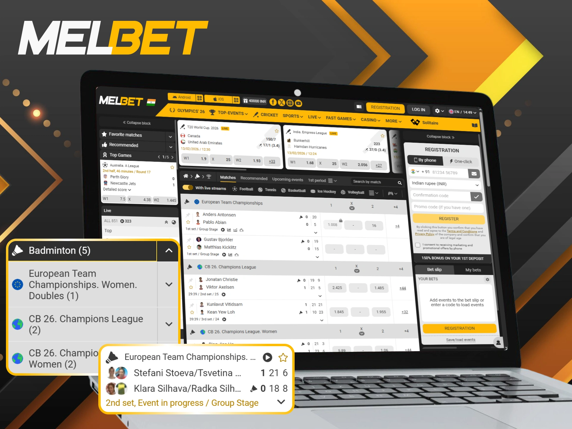Place your live badminton wagers on the official Melbet site.