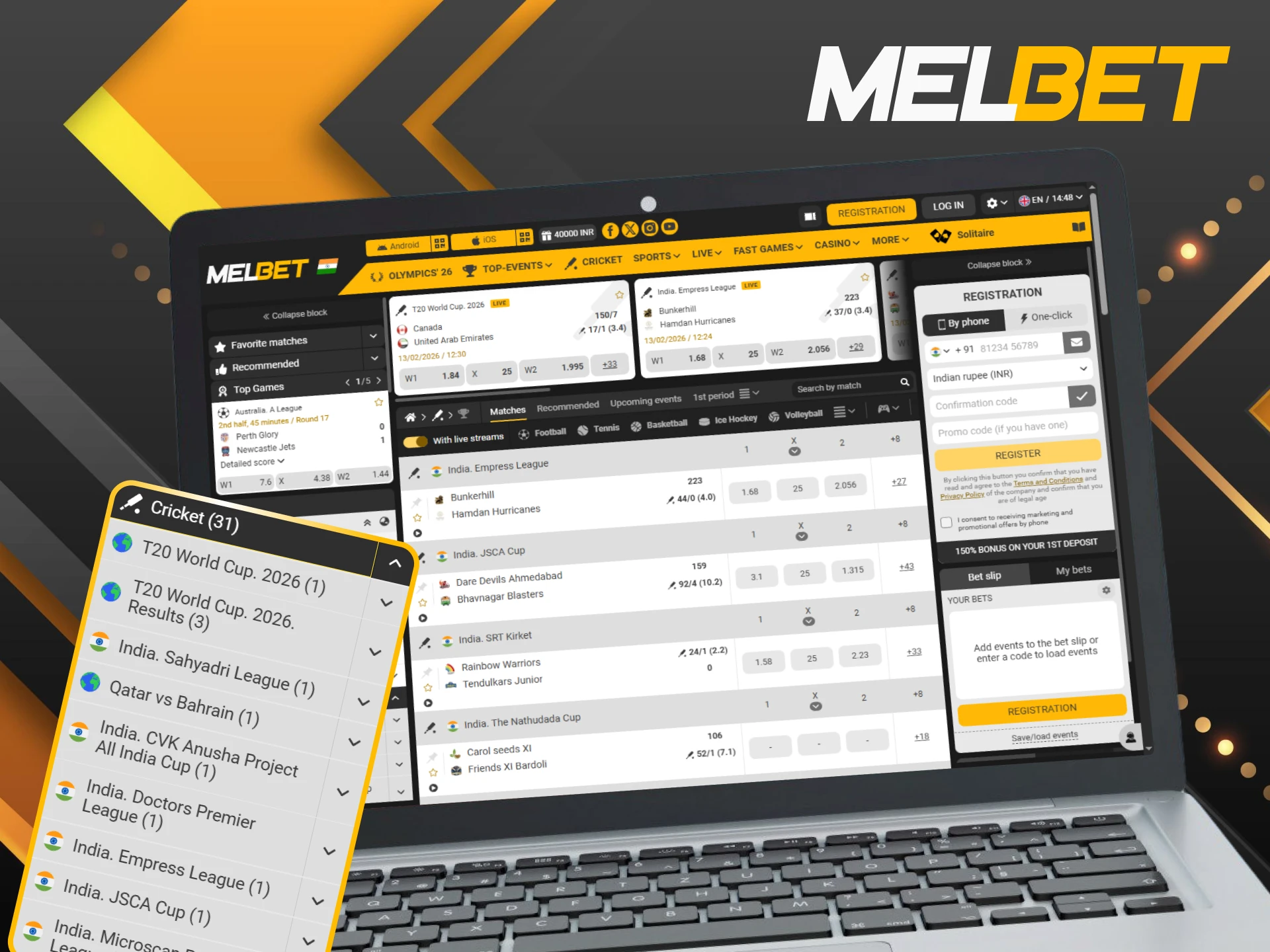 Back your favorite cricketers and teams with Melbet India's live betting options.