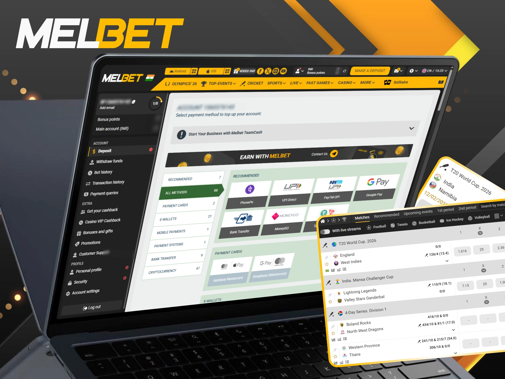 Use our secure payment gateways to quickly fund your Melbet sports account.