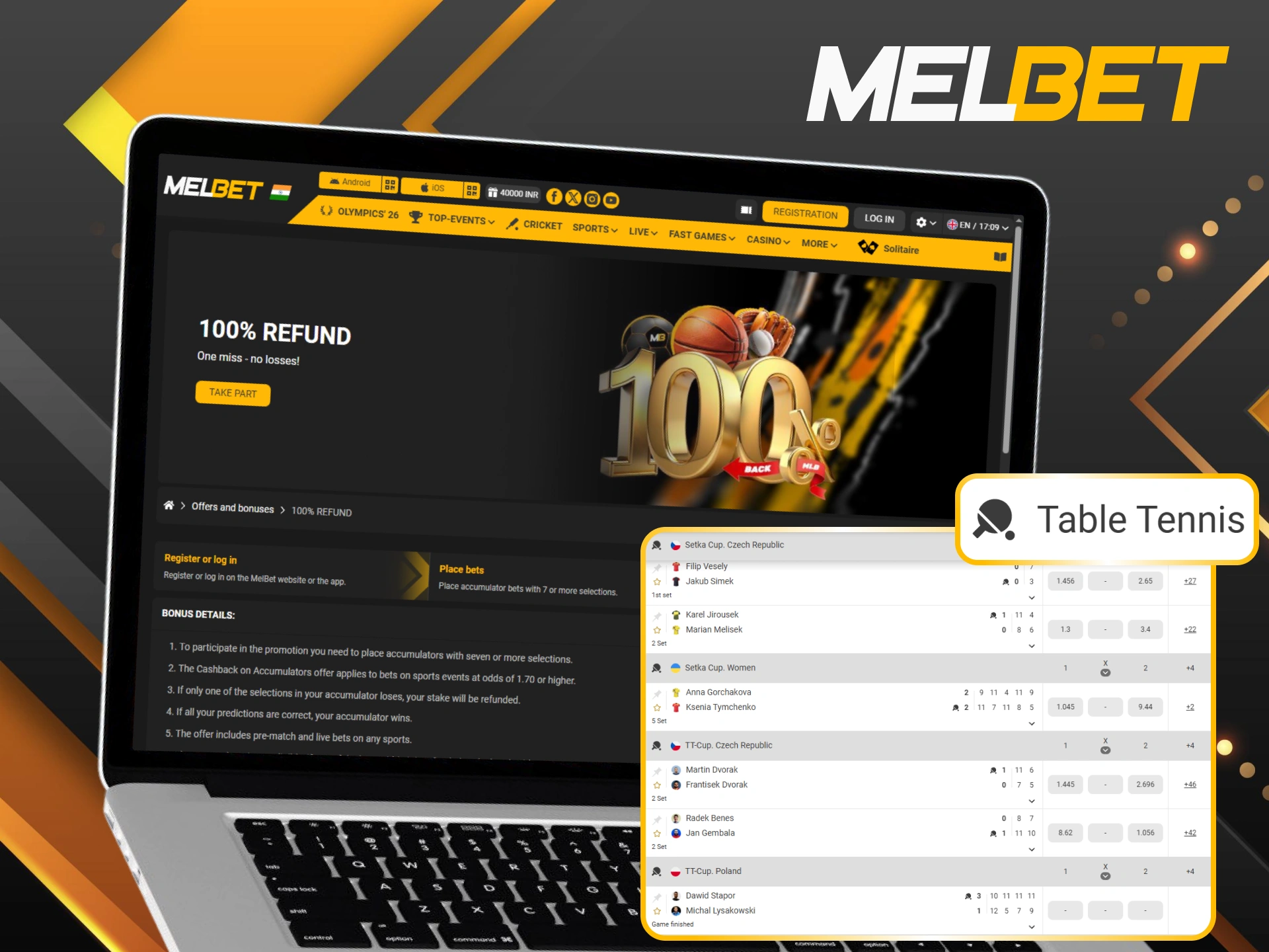 Protect your wagers with a 100% refund on table tennis accumulators.