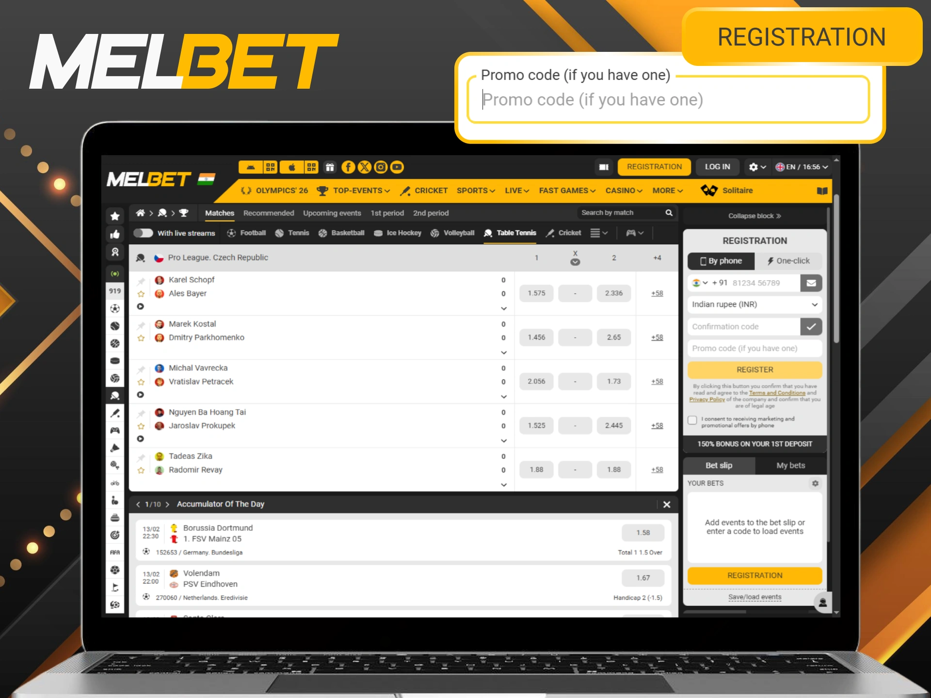 Use a promo code to unlock exclusive Melbet perks for table tennis betting.