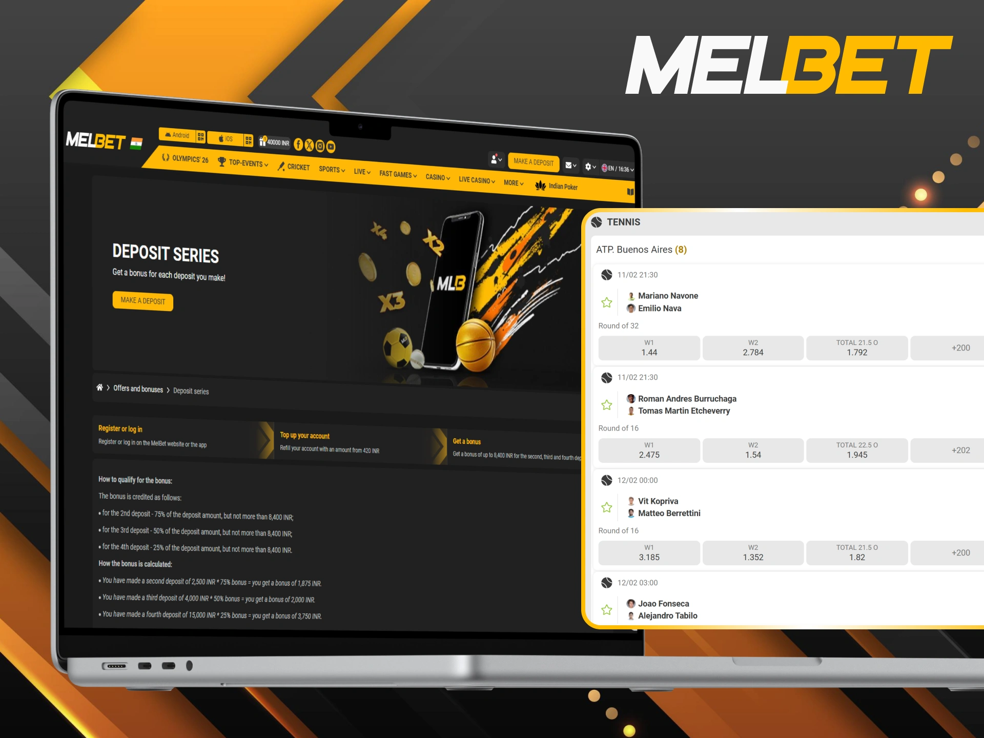 Use the deposit series to increase your bankroll for tennis stakes at Melbet.