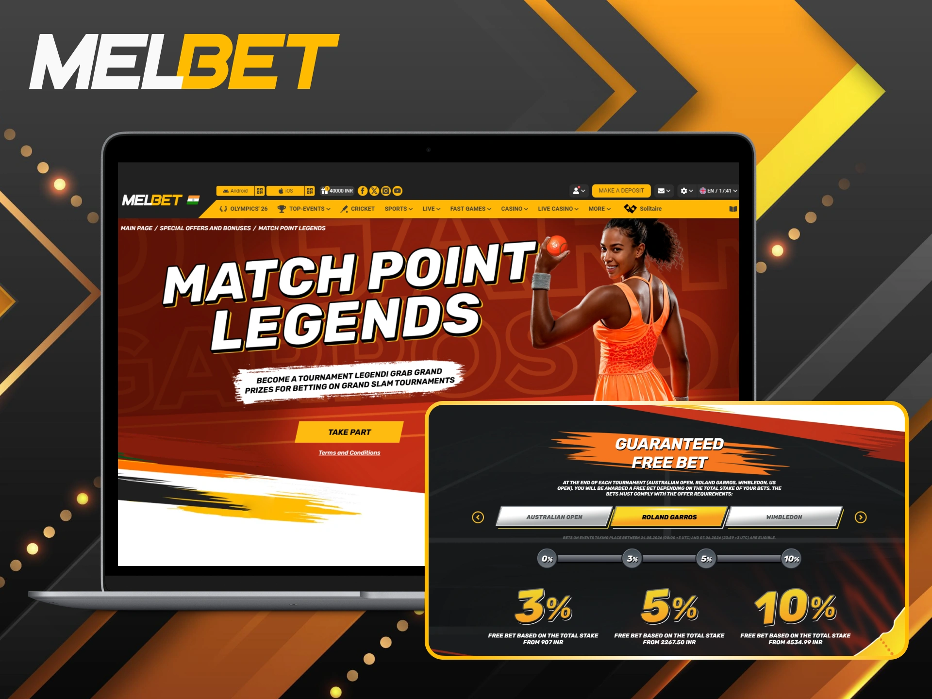 Become a part of the 'Match Point Legends' promotion for tennis betting at Melbet.