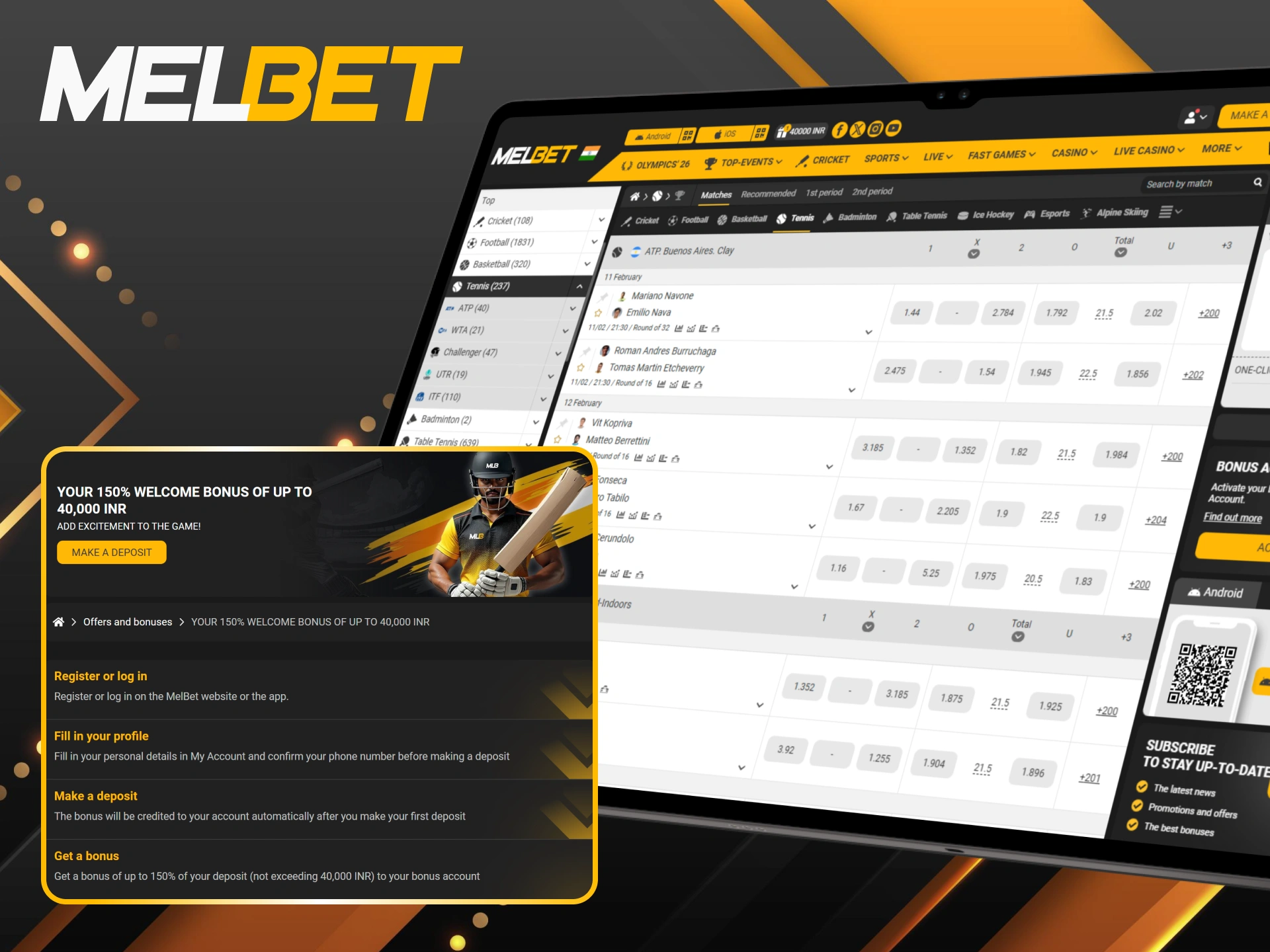 Grab a 150% sports welcome bonus to boost your tennis bets at Melbet.