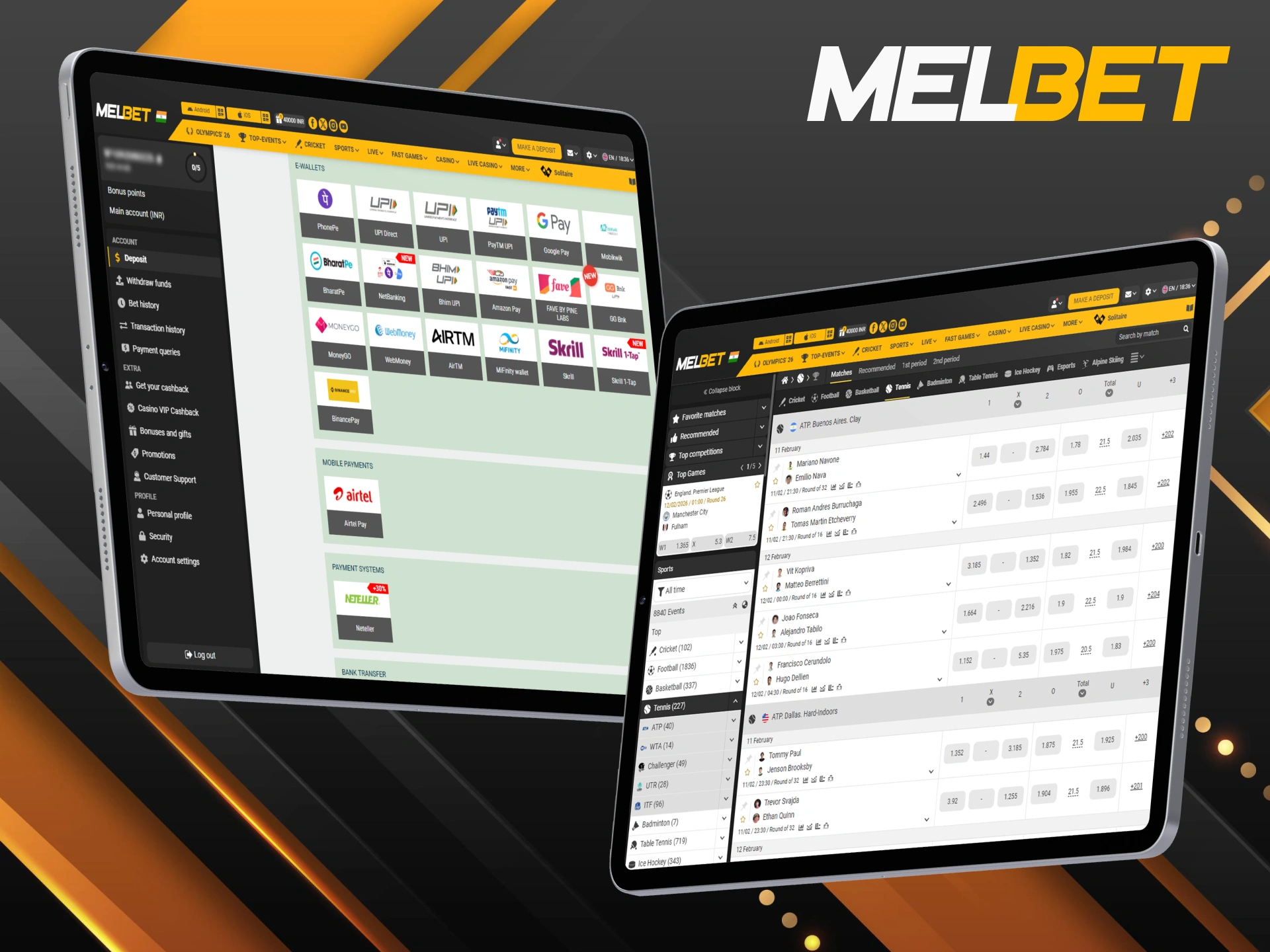 Choose from a variety of secure payment methods for your Melbet tennis bets.