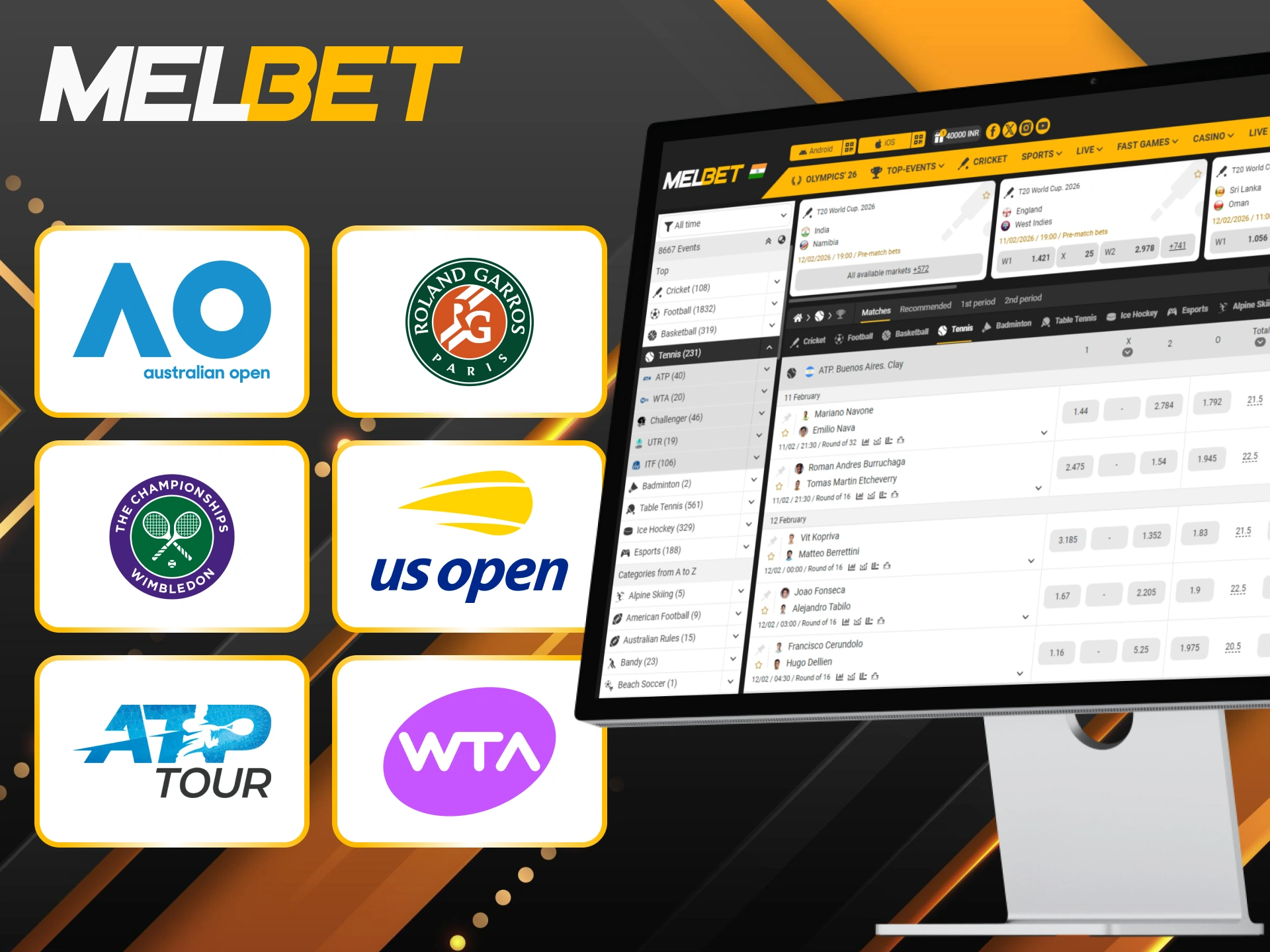 Check out the most popular tennis tournaments on Melbet and start winning today.