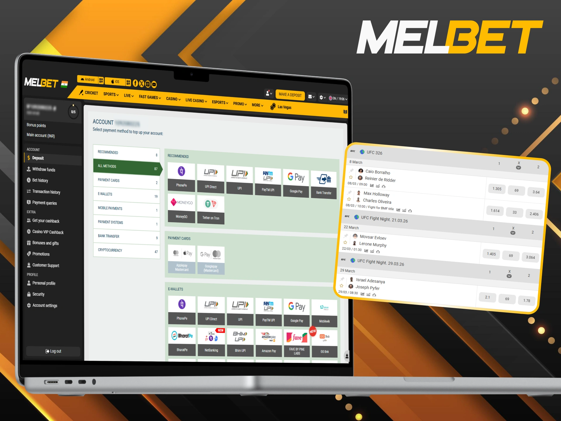 Enjoy secure and flexible transactions for your UFC bets at Melbet.