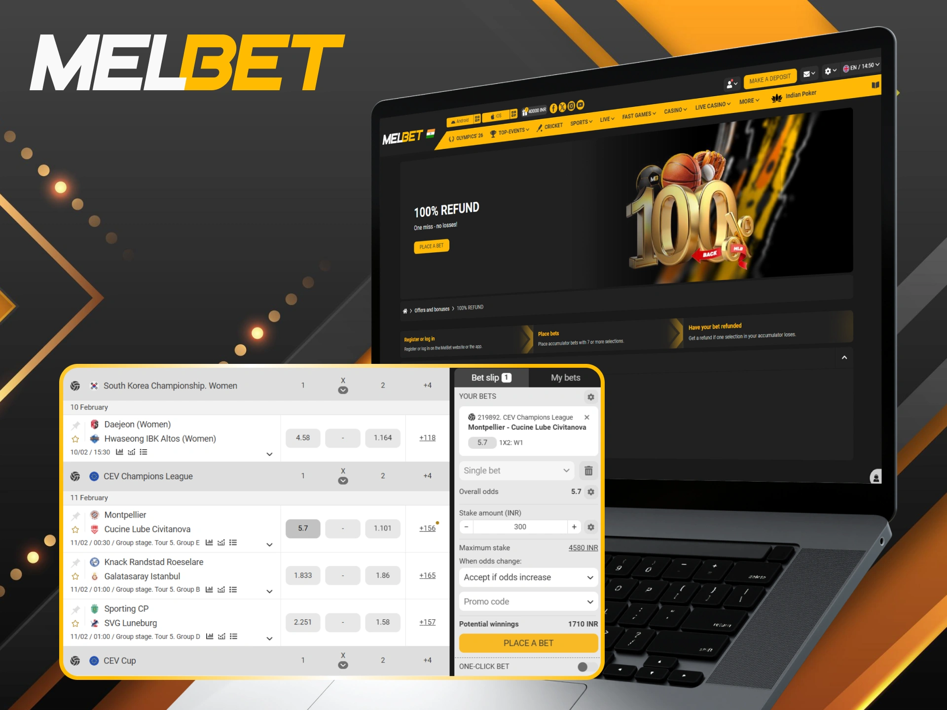 Bet with confidence thanks to the 100% refund on volleyball accumulators at Melbet.