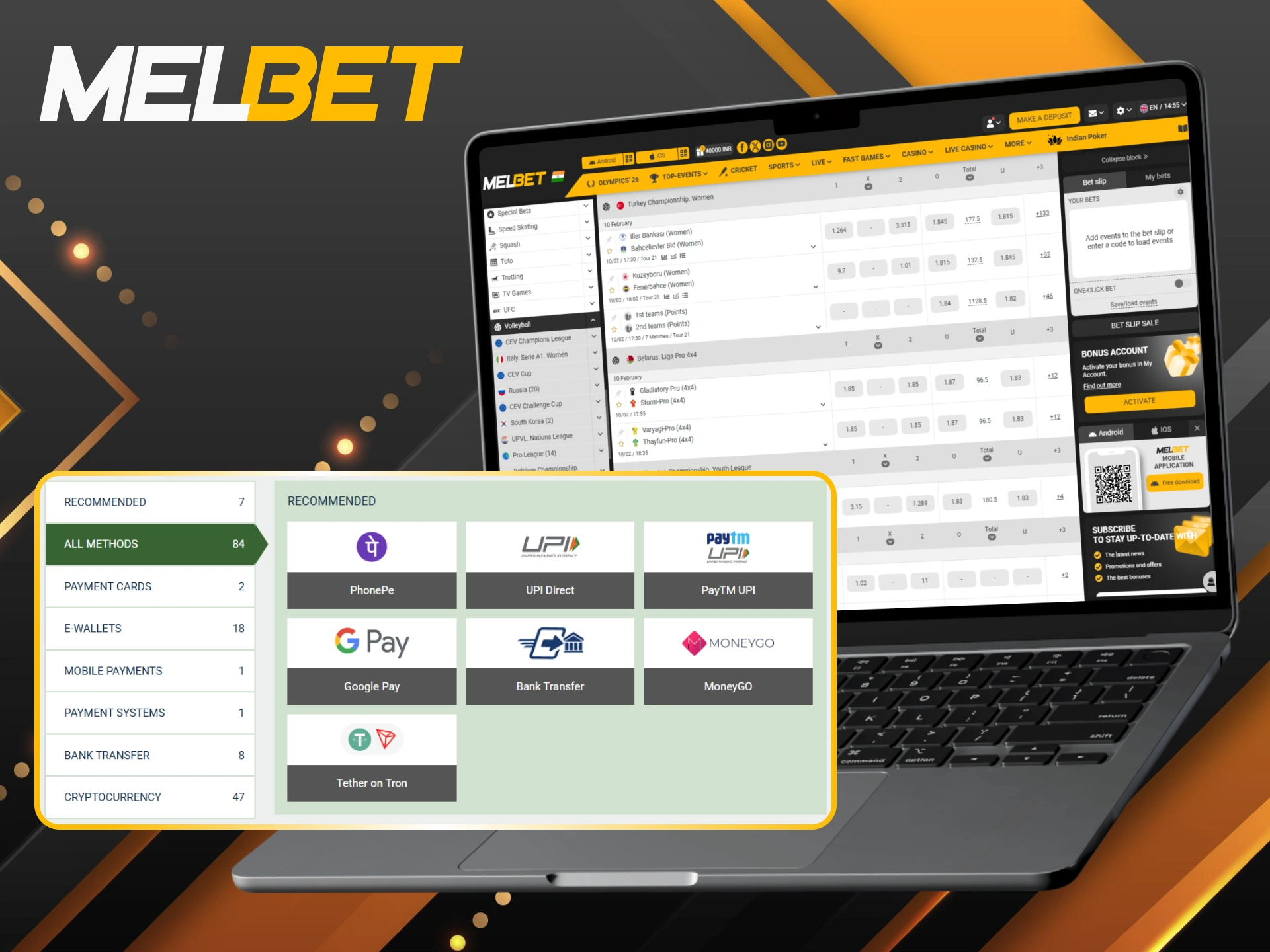 Choose your preferred payment gateway to fund your volleyball betting account at Melbet.