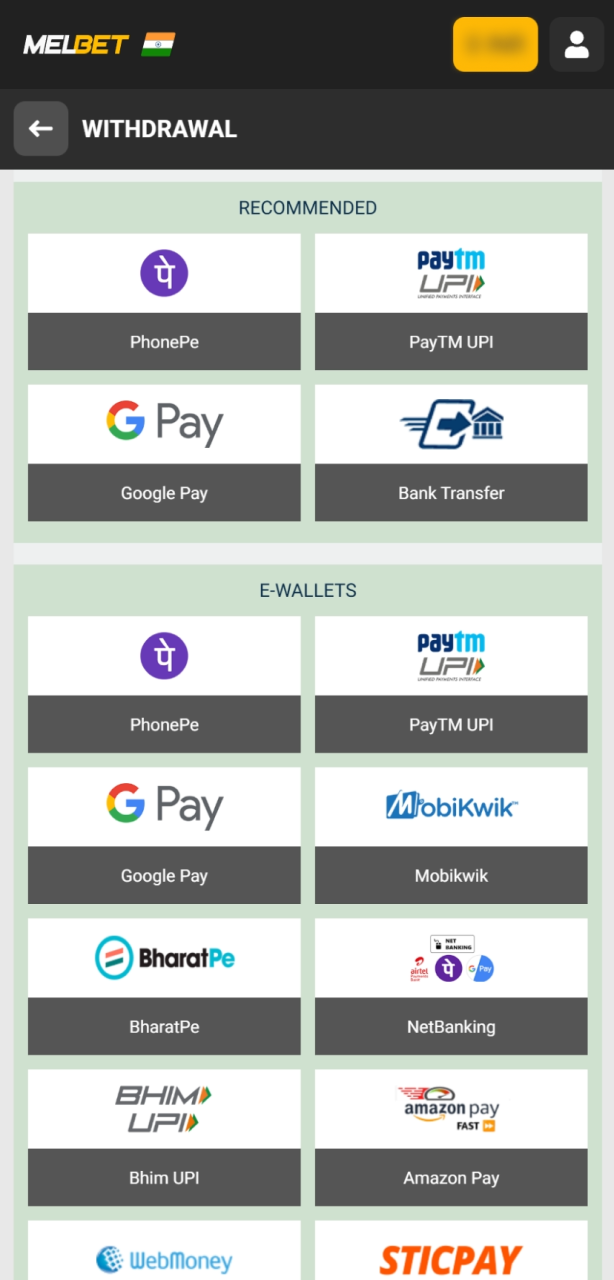 Select a secure payout option and specify how much you would like to transfer from your Melbet balance.