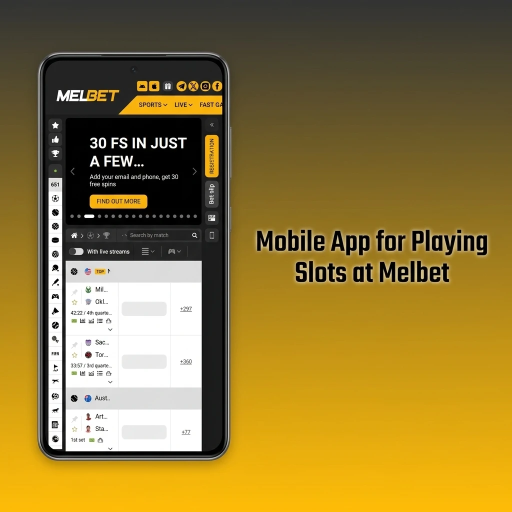 A screenshot of the Melbet mobile interface, highlighting the slot lobby and touch-friendly navigation for iOS and Android users