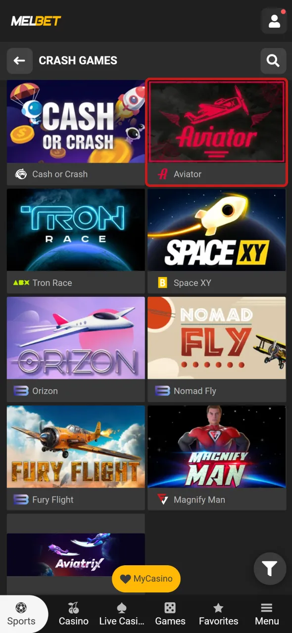 Locate the Aviator game on Melbet and jump straight into your first session.
