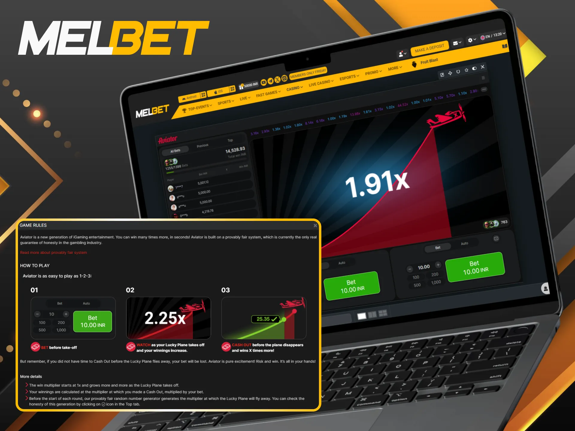 Get to know the Aviator rules on Melbet to fully understand how the game works.
