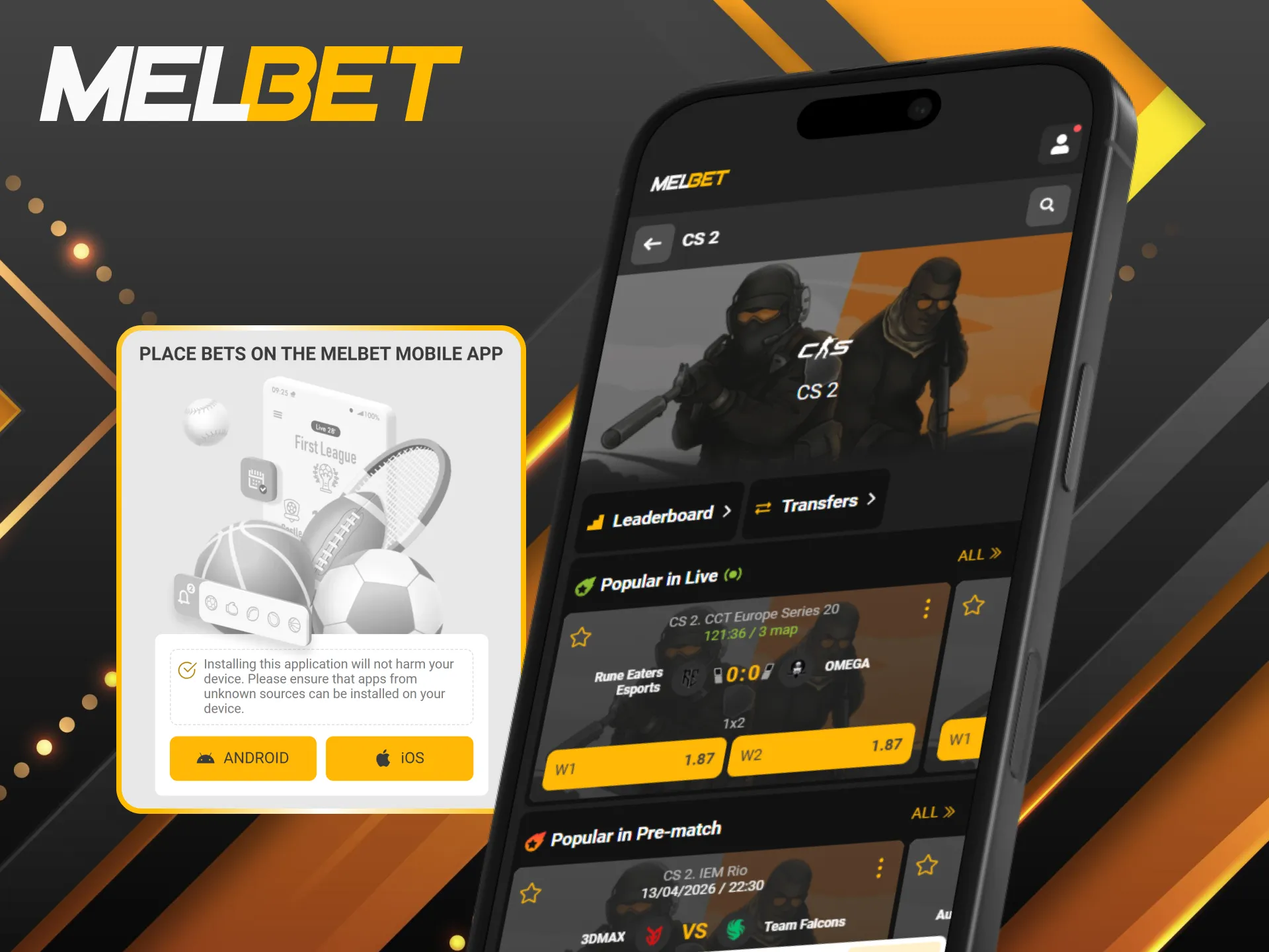 Keep up with the action and bet on CS2 whenever you want using the Melbet mobile application.