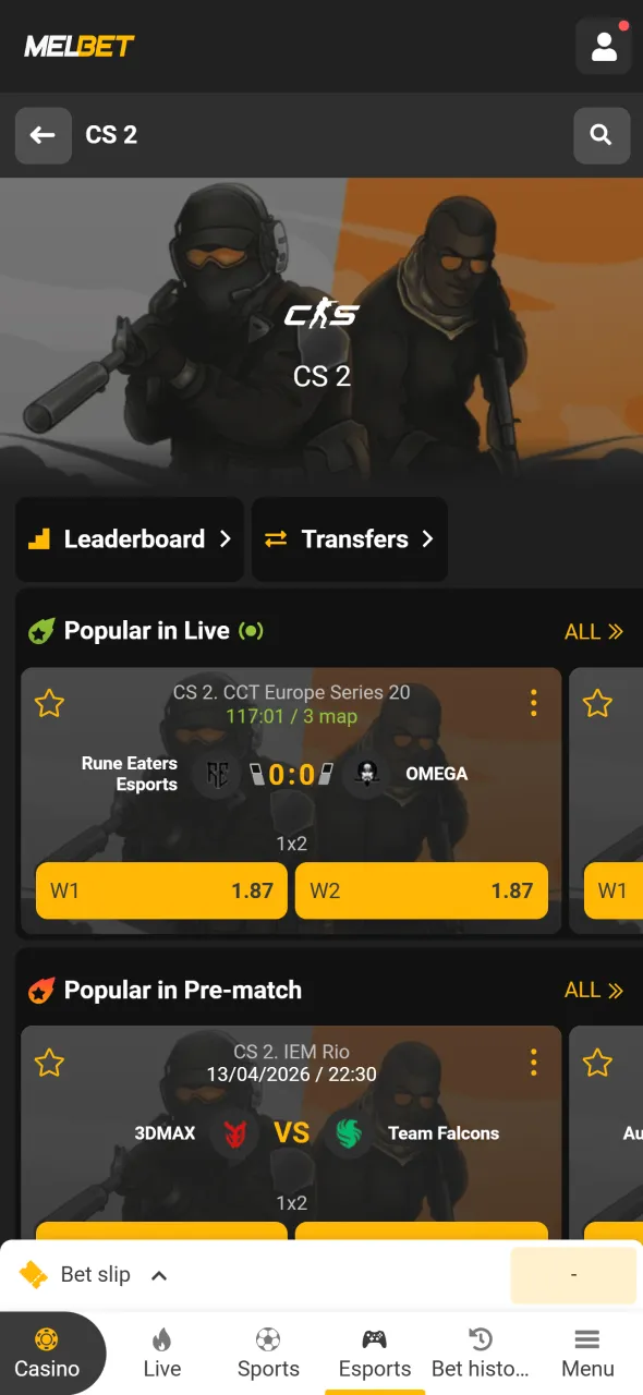 Pick your preferred CS2 market on Melbet and lock in your wager.