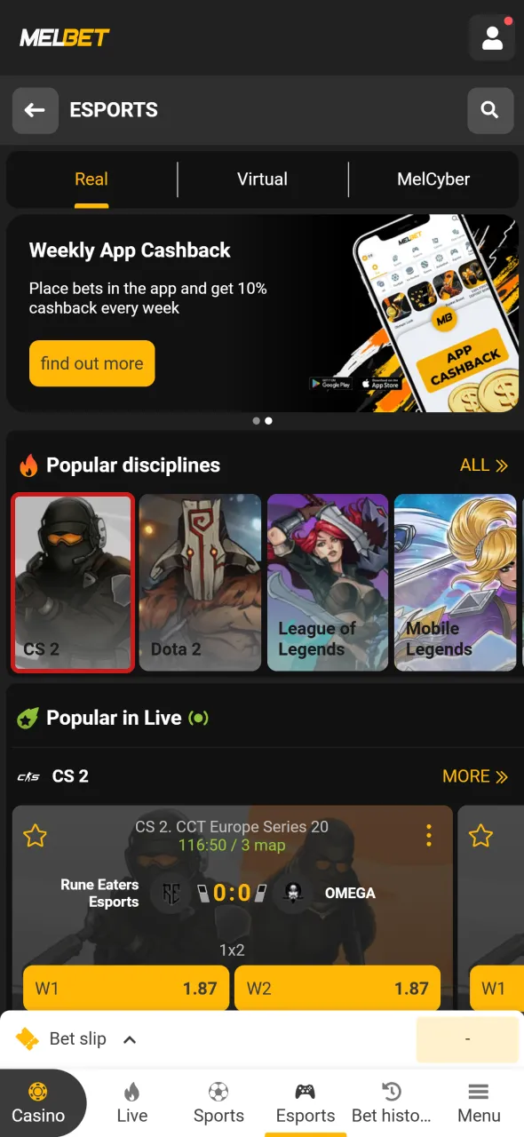 Go to the eSports section on the Melbet platform to find all the latest CS2 betting markets.