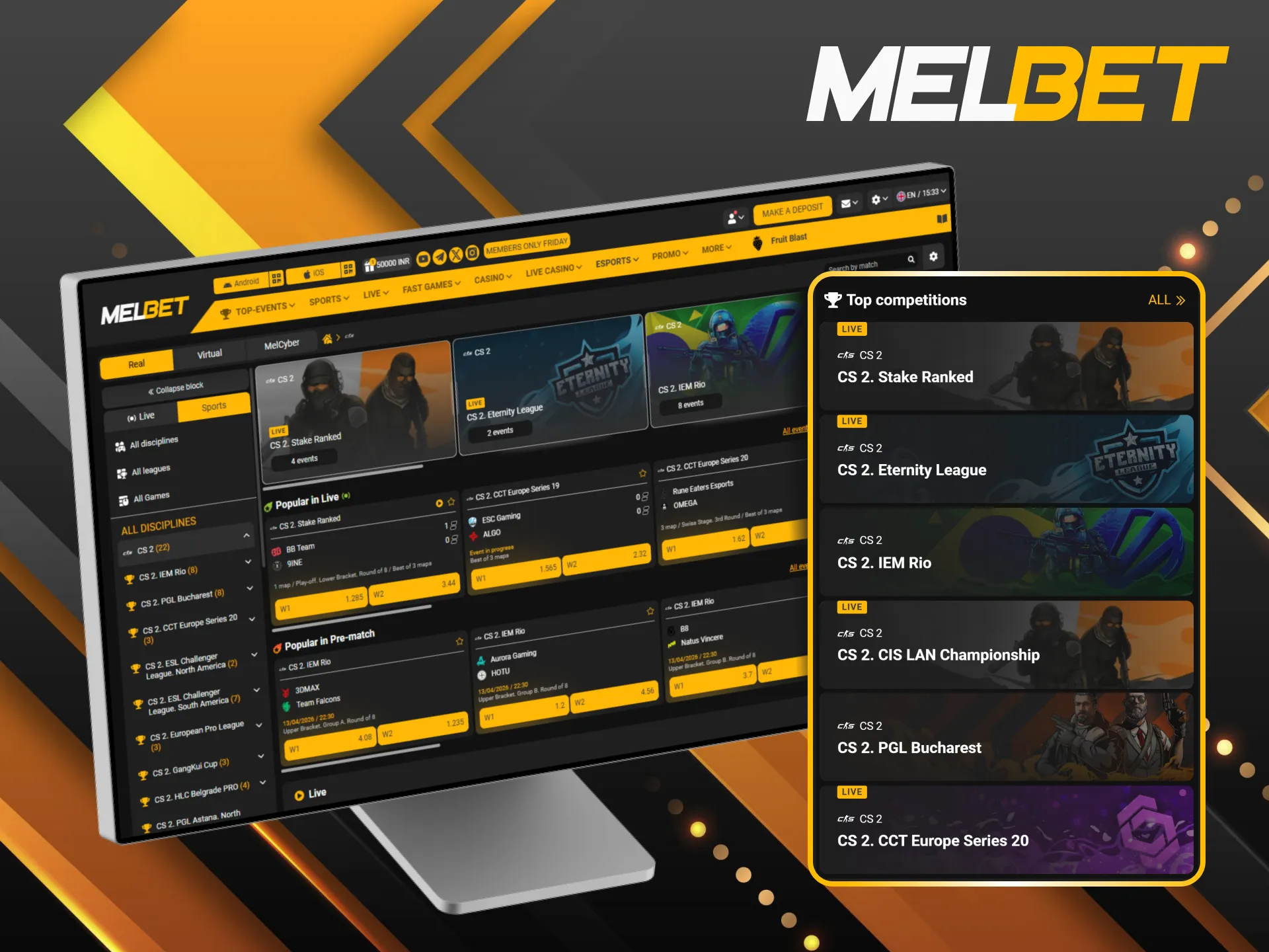 Follow the world's elite teams and place your bets on the biggest CS2 stages via Melbet.