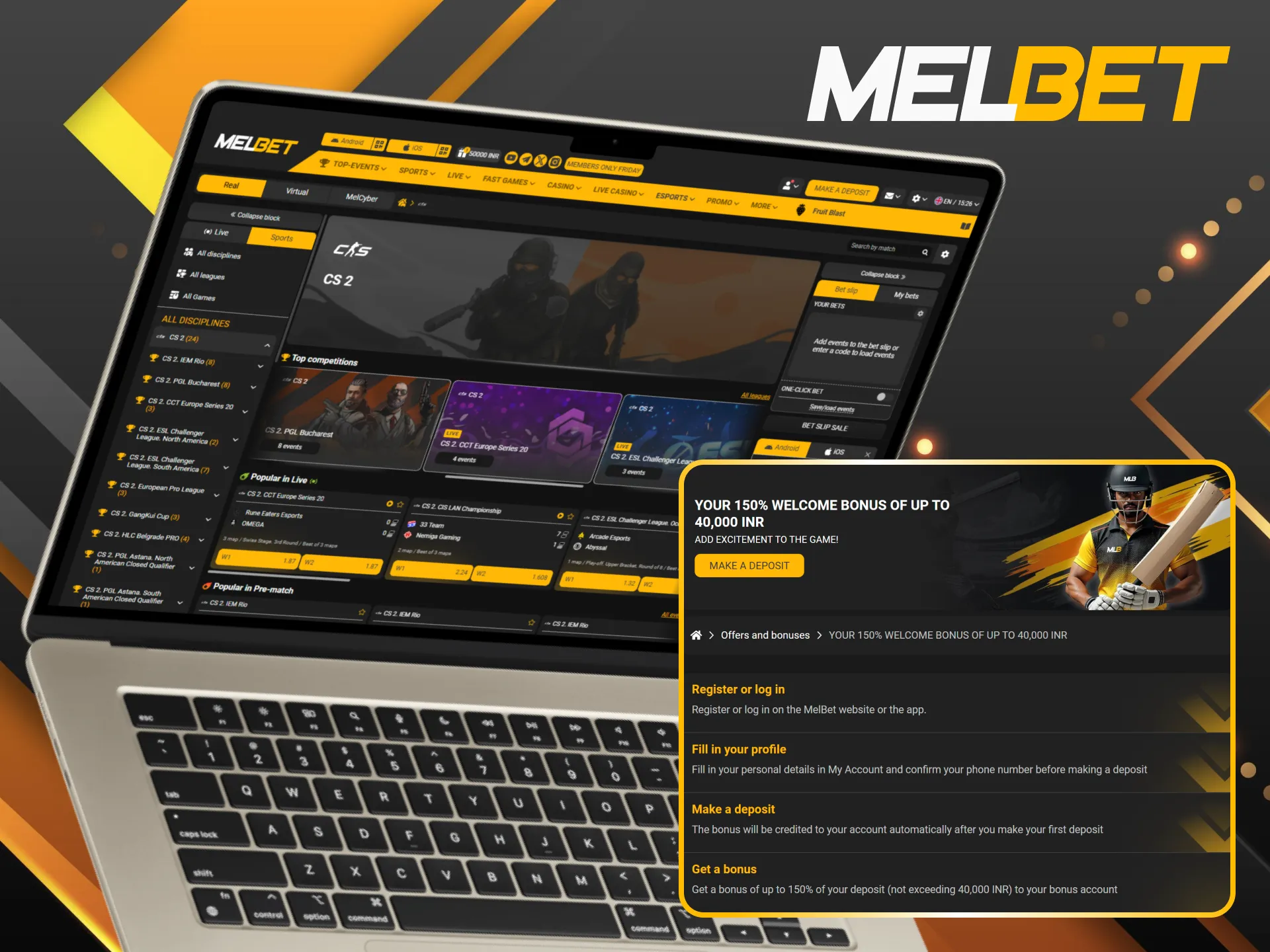 Take advantage of the Melbet welcome bonus to give your CS2 betting budget a powerful boost.