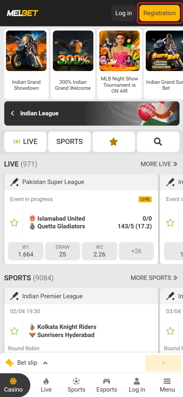 Quickly set up your account by hitting the registration button on Melbet.