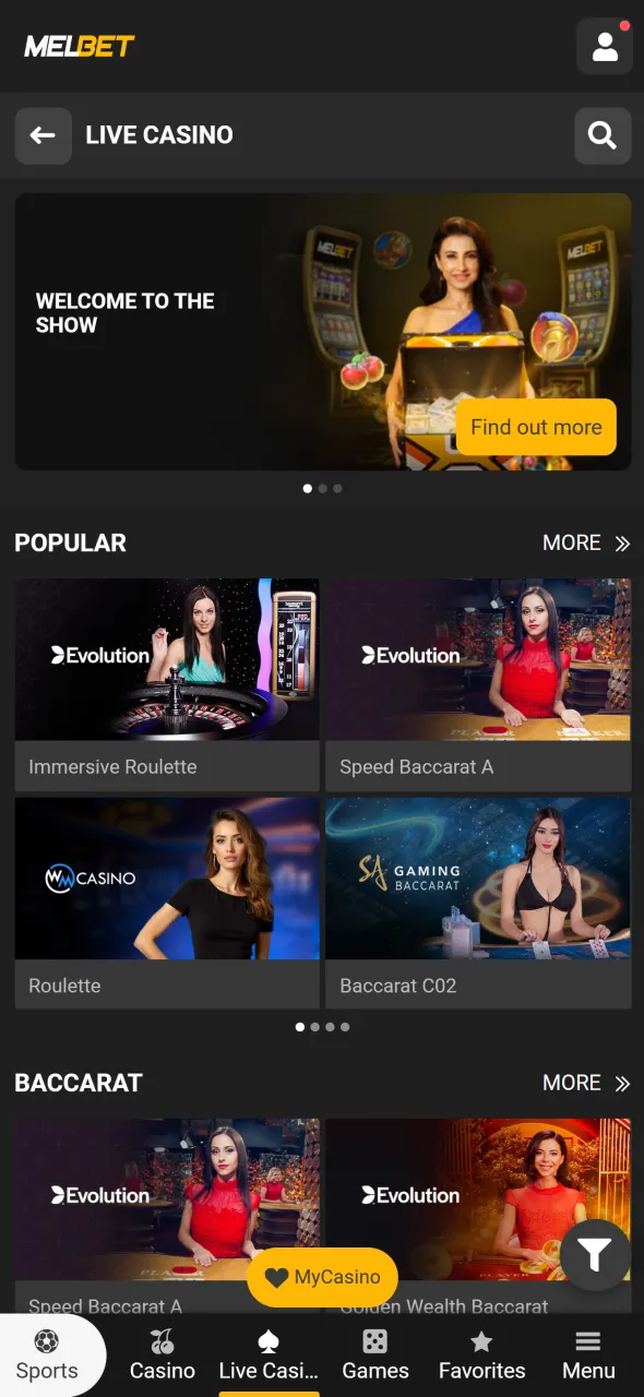Navigate to the live casino area on Melbet and select your favorite game.
