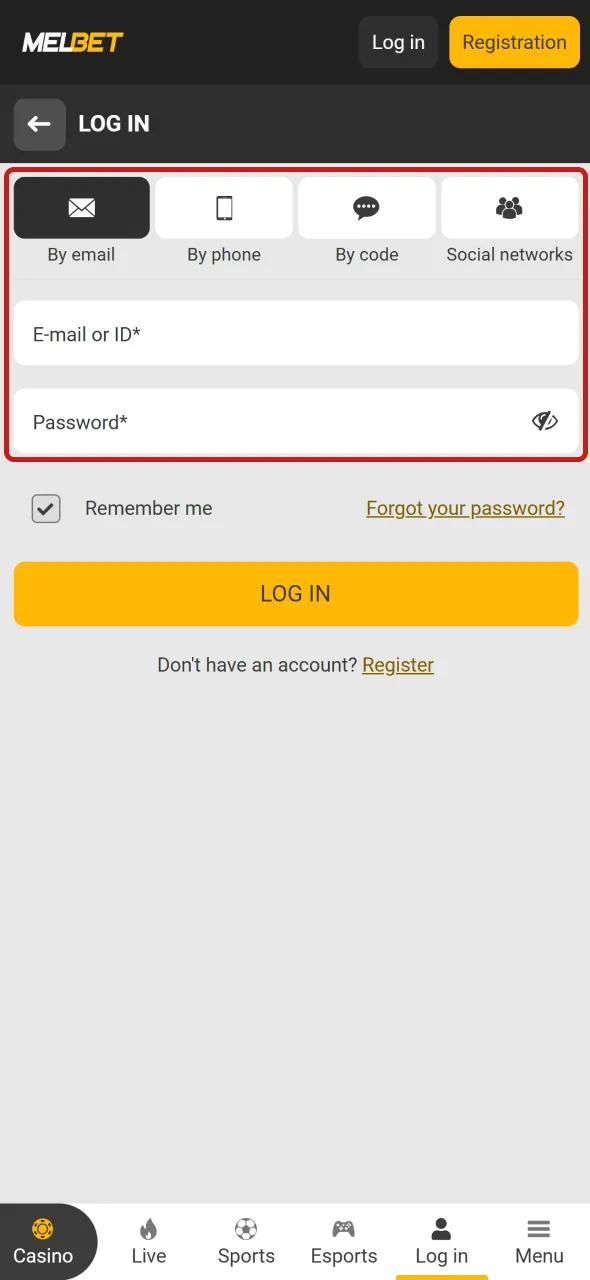 Provide your account details to log in securely to Melbet.